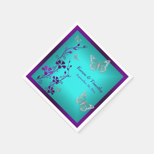 Paarse Blauwgroen zilveren bloemen, vlinders serve Servetten (Hoek)