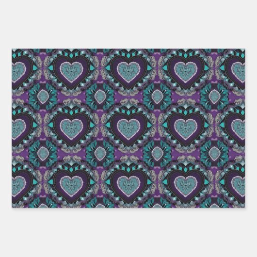 Paarse, Blauwgroen & Zwarte Valentijnsdag Hart Man Inpakpapier Vel (Voorkant 3)