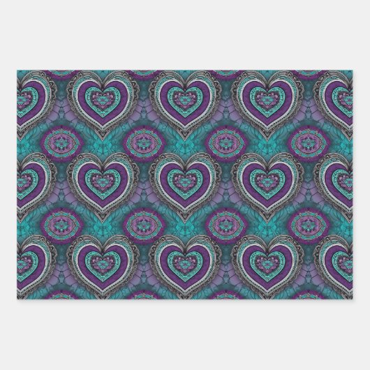 Paarse, Blauwgroen & Zwarte Valentijnsdag Hart Man Inpakpapier Vel (Voorkant)