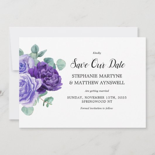 Paarse bloei Eucalyptus Botanische bruiloft Save The Date (Achterkant)