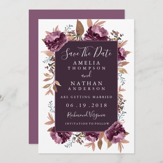 Paarse bloei Waterverf Save the date Invitation (Voorkant / Achterkant)