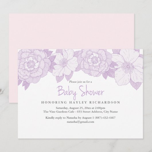 Paarse bloeiende Baby shower uitnodiging (Voorkant / Achterkant)