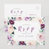 Paarse bloeiende botanische bloem bruiloft RSVP Uitnodiging Briefkaart (Voorkant / Achterkant)