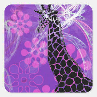 Paarse Bloeiende Giraffe II ~ Vierkante Sticker