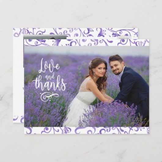 Paarse bloeiende grens twee foto bruiloft dank u briefkaart (Voorkant / Achterkant)