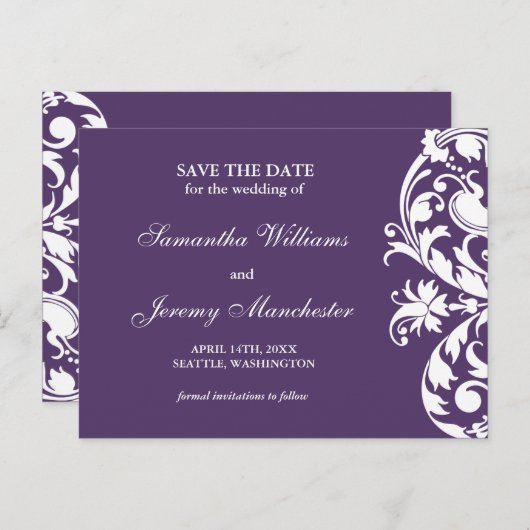 Paarse bloeiende werveling Bewaar de datum aankond Aankondigingskaart (Voorkant / Achterkant)