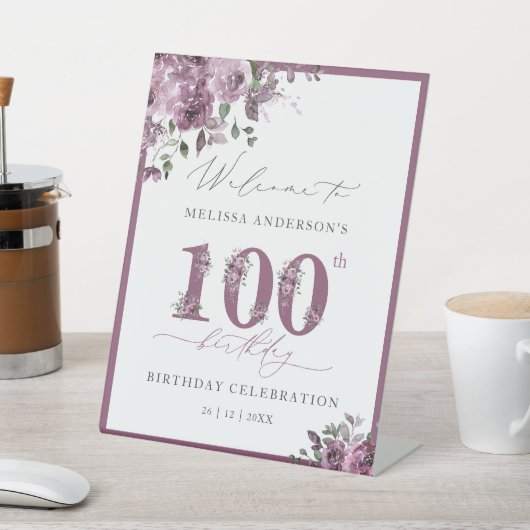 Paarse Bloem 100e Verjaardag Welkomstvoetstuk Reclamebord Met Voetstuk