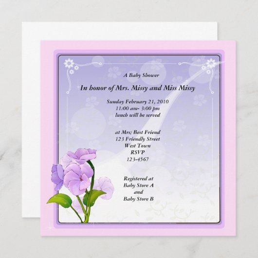 Paarse Bloem Baby Shower Kaart (Voorkant / Achterkant)