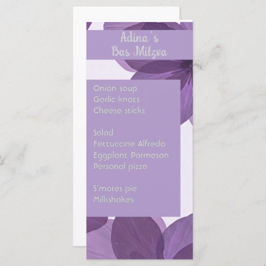 Paarse bloem Bas Mitzva party menu (Voorkant / Achterkant)