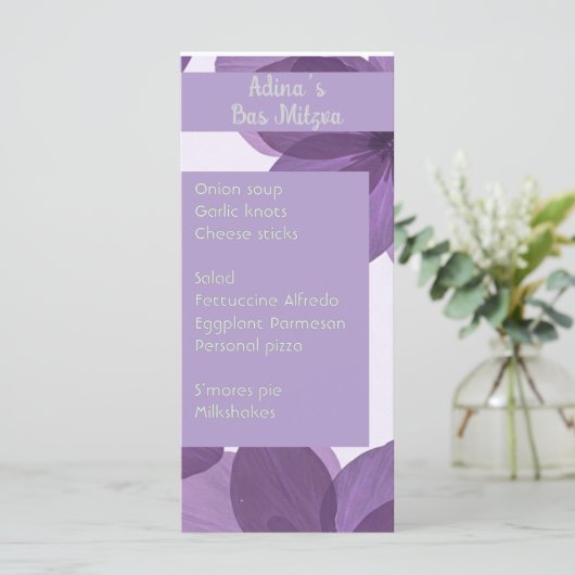 Paarse bloem Bas Mitzva party menu (Staand voorkant)