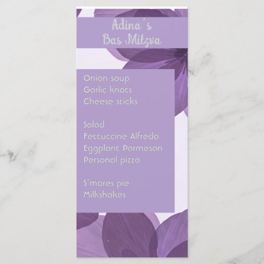 Paarse bloem Bas Mitzva party menu (Voorkant)