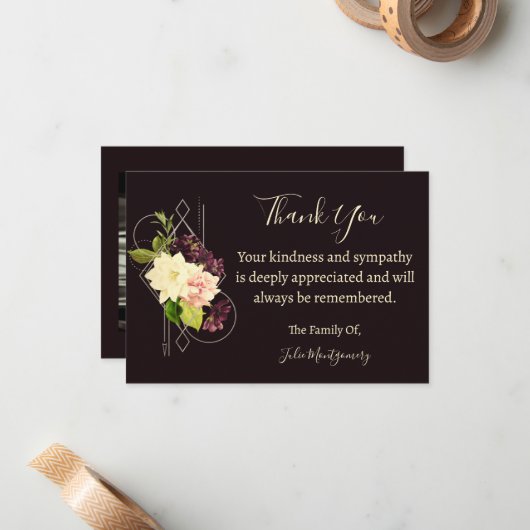 Paarse bloem begrafenisfoto dank u kaart notitiekaartje (Voorkant / Achterkant in situ)