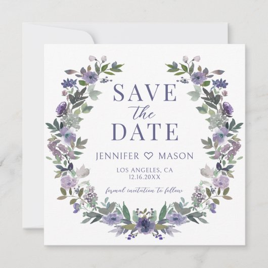 Paarse bloem Bewaar de Date fotouitnodiging (Voorkant)