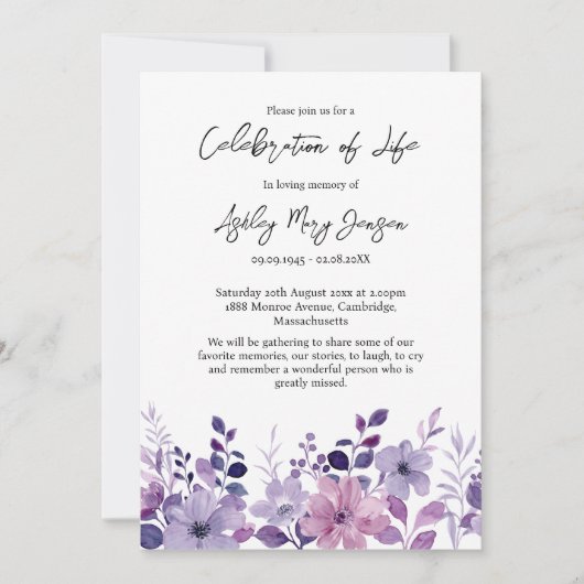 Paarse Bloem Bloemen Viering van het Leven Begrafe Kaart (Voorkant)