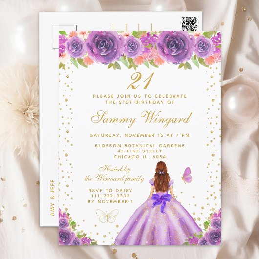 Paarse bloem bruin haar prinses verjaardagsfeestje briefkaart