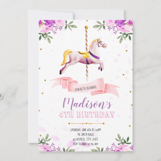 Paarse bloem carrousel feest uitnodiging (Voorkant)