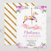 Paarse bloem carrousel feest uitnodiging (Voorkant / Achterkant)