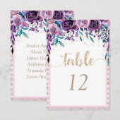 Paarse Bloem Champagne Tafel Nummer Zitplaats Plan Kaart (Voorkant / Achterkant)