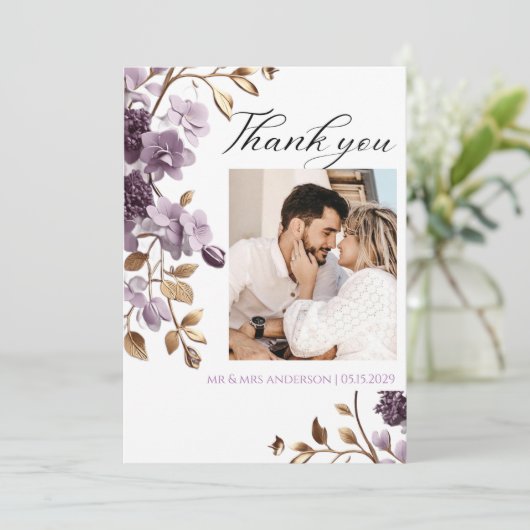 "paarse bloem en bladgoud bedankje" bedankkaart (Staand voorkant)