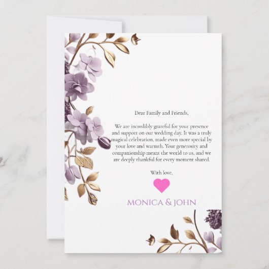 "paarse bloem en bladgoud bedankje" bedankkaart (Achterkant)