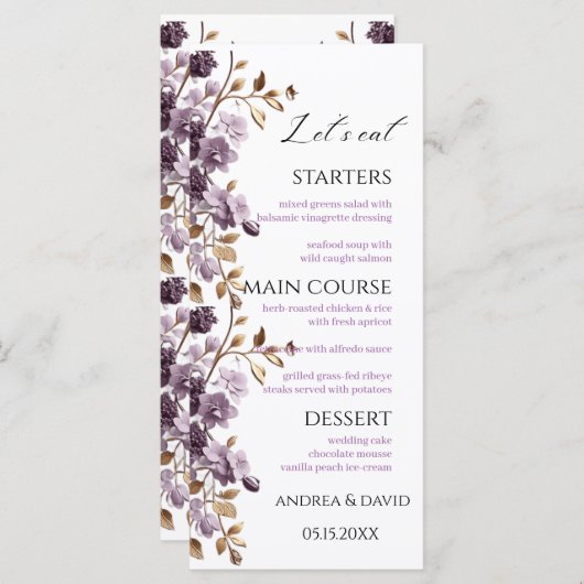 Paarse bloem en bladgoud laten we onkruid eten Men Menu (Voorkant / Achterkant)