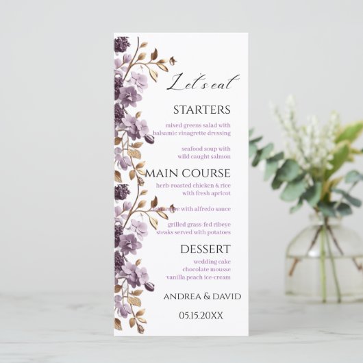 Paarse bloem en bladgoud laten we onkruid eten Men Menu (Staand voorkant)