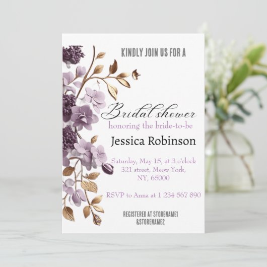 "paarse bloem en bladgoud vrijgezellenfeest" kaart (Staand voorkant)