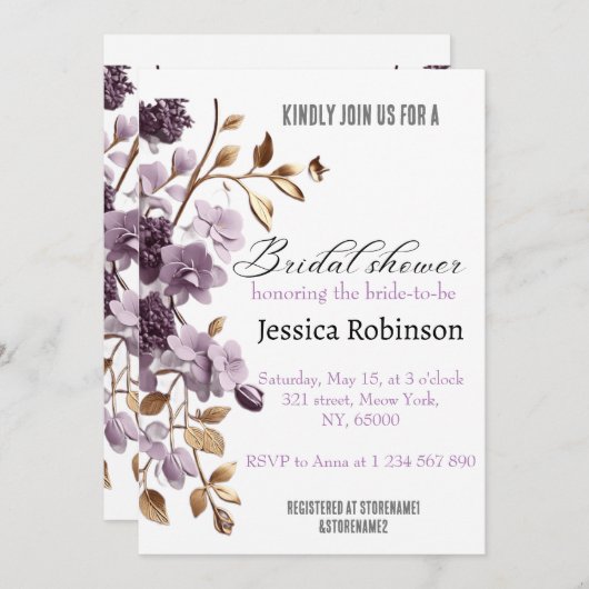 "paarse bloem en bladgoud vrijgezellenfeest" kaart (Voorkant / Achterkant)