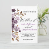 "paarse bloem en bladgoud wieden uitnodiging" kaart (Staand voorkant)