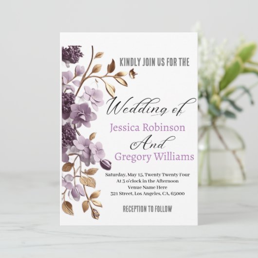 "paarse bloem en bladgoud wieden uitnodiging" kaart (Staand voorkant)