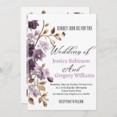 "paarse bloem en bladgoud wieden uitnodiging" kaart (Voorkant / Achterkant)