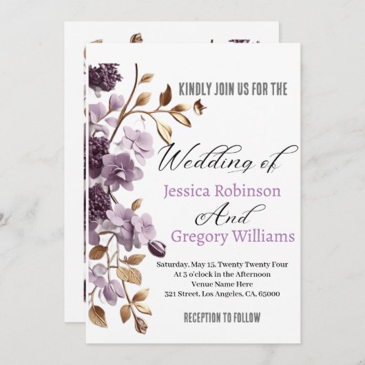 "paarse bloem en bladgoud wieden uitnodiging" kaart (Voorkant / Achterkant)