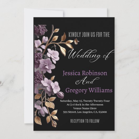 "paarse bloem en bladgoud wieden uitnodiging" kaart (Voorkant)