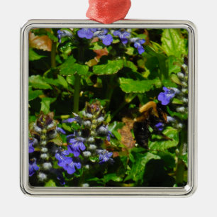 Paarse Bloem en Bumble Bee Metalen Ornament