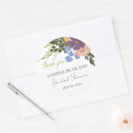 Paarse bloem- en groenbruiloftsdank je ronde sticker