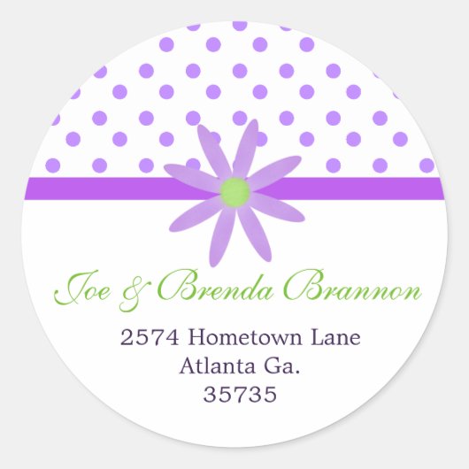 Paarse bloem en polka stippen Adresetiketten Ronde Sticker (Voorkant)