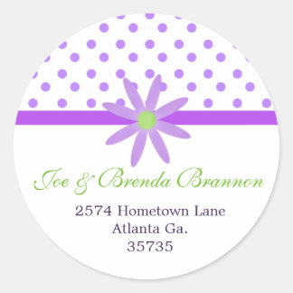 Paarse bloem en polka stippen Adresetiketten Ronde Sticker