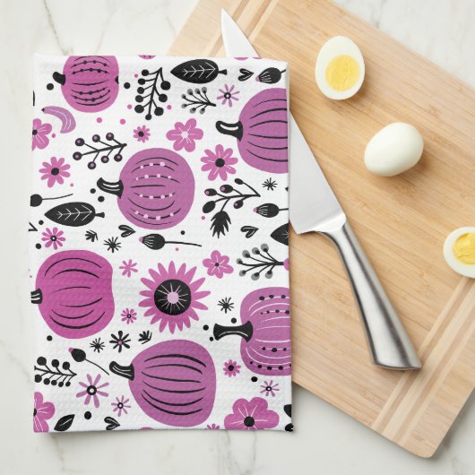 Paarse bloem en schattig pompoenpatroon theedoek (Quarter Fold)