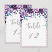 Paarse Bloem- en Zilveren Bruiloft Tafel Nummers Kaart (Voorkant / Achterkant)