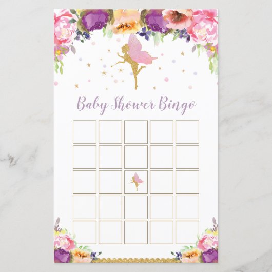 Paarse Bloem Fee Baby Shower Bingo Spel (Voorkant)
