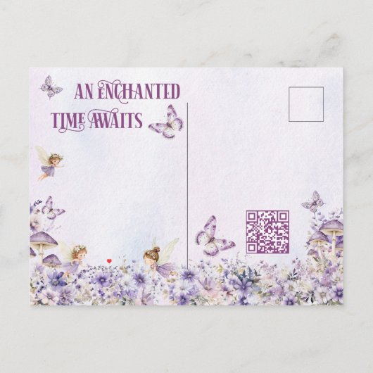 Paarse Bloem Fee Eerste QR Code Foto Verjaardag Uitnodiging Briefkaart (Achterkant)