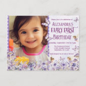 Paarse Bloem Fee Eerste QR Code Foto Verjaardag Uitnodiging Briefkaart (Voorkant)