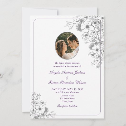 Paarse Bloem Foto Bruiloft Kaart (Voorkant)