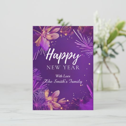 Paarse Bloem Gelukkig Nieuwjaar Platte Kerstkaart (Staand voorkant)