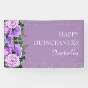Paarse Bloem Glitter Gelukkige Quinceañera Naam Spandoek