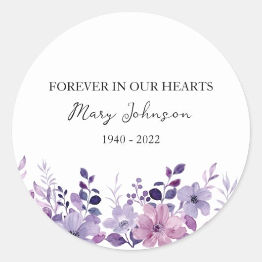 Paarse Bloem Herdenkings Funeral Ronde Sticker (Voorkant)