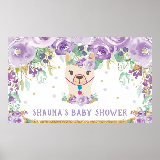 Paarse Bloem Llama Baby Shower Welkom Achtergrond Poster (Voorkant)