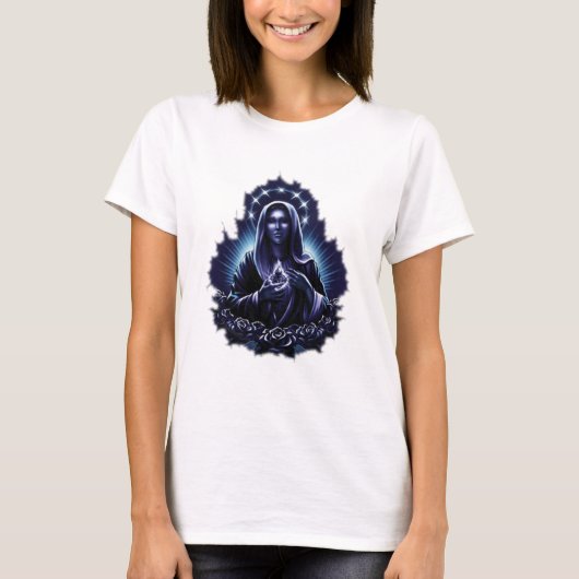 Paarse bloem Maagd Mary T-shirt (Voorkant)