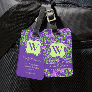 Paarse bloem met monogram Bagagelabel