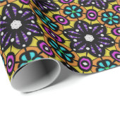 Paarse bloem Mustard Yellow Abstract Patroon Cadeaupapier (Rol Hoek)